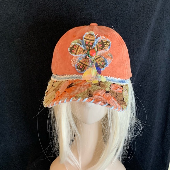Embellished Orange Cap with Floral Accent - Picture 4 of 8